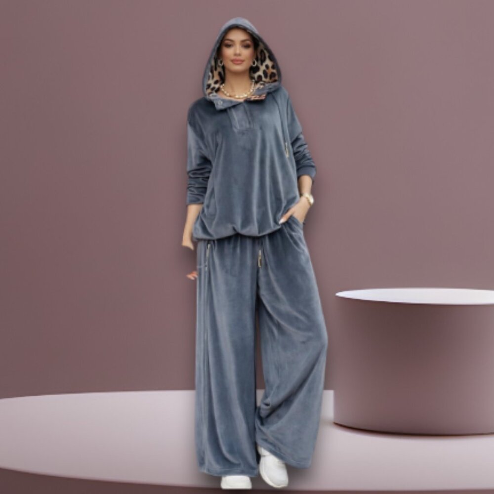Grey Blue Velour Two Piece Lounge Set With Leopard Hood Size L